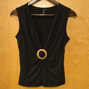 cha cha vente Black V-Neck Tank with Wood Ring Accent